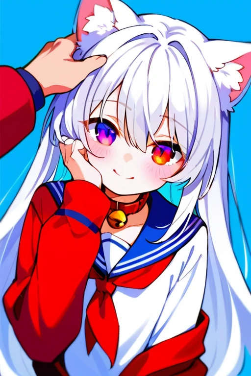 zPDXL3, score_9, score_8_up, score_7_up, heterochromia, younger, white hair, 1girl, animal ears, bangs, bell, blush, bow, closed mouth, collar, eyebrows visible through hair, hair between eyes, headpat, jingle bell, long hair, long sleeves, neck bell, out of frame, pov, purple eyes, red bow, sailor collar, school uniform, shirt, silver hair, blue background, smile, solo focus, tail, very long hair, <lora:Shiro:1>,