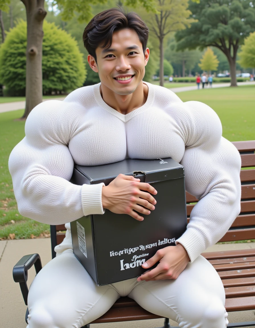 @pcsntp1 an asian man sitting on a park bench. (He is dressed wearing a white sweater and white pants.  He is hugging a big black box against his chest)
He has a muscular physique specifically his large top heavy upper body, his extra large chest is exaggerated, excessively large and bulky, covering the top of the box. The box has words "add hyper muscular lora" in white text on the side. With smile he is looking at the viewer.
<lora:hyper_muscular_flux_v1:0.6><lora:PecsOnTop.Style.V1.flux1d_epoch_9:0.9>