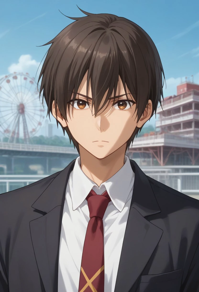 score_9, score_8_up, score_7_up, , rating_safe, , semi-realistic, looking at viewer, , 1boy, solo, male focus,seiya kanie,dark brown hair, brown eyes,short hair,shirt,jacket, school uniform, white shirt, upper body, male focus, necktie, collared shirt, bag, black jacket, red necktie, ferris wheel, amusement park,