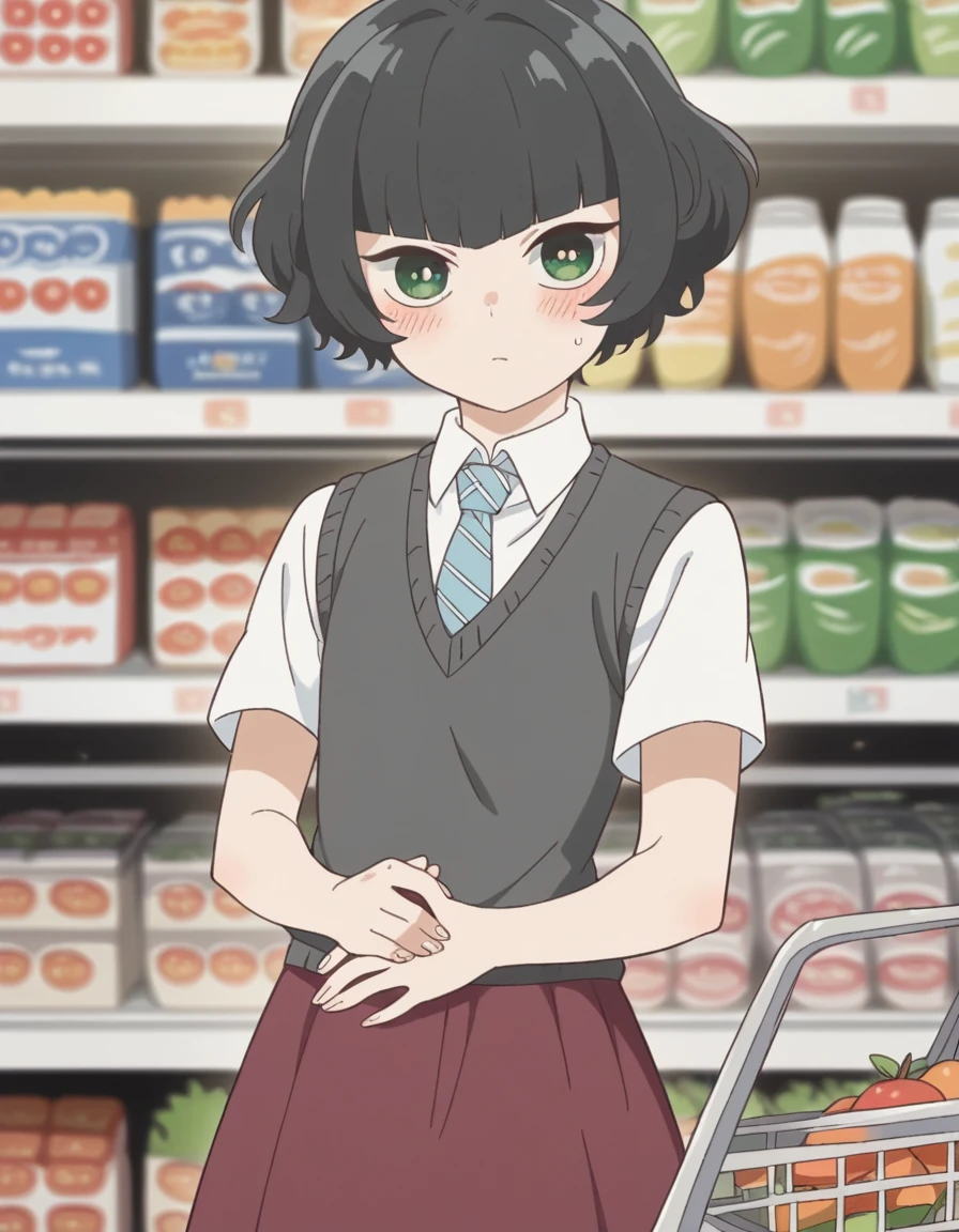 score_9, score_8_up, score_7_up, source_anime, <lora:hitoha-hongou-s1-ponyxl-lora-nochekaiser:1>, hitoha hongou, short hair, bangs, black hair, green eyes, blunt bangs,, shirt, school uniform, white shirt, short sleeves, necktie, sweater vest, blue necktie, skirt, red skirt,, grocery store, shopping cart, picking fruits, everyday life, , , hand on stomach, blush,, looking at viewer, solo,, dutch angle, cowboy shot