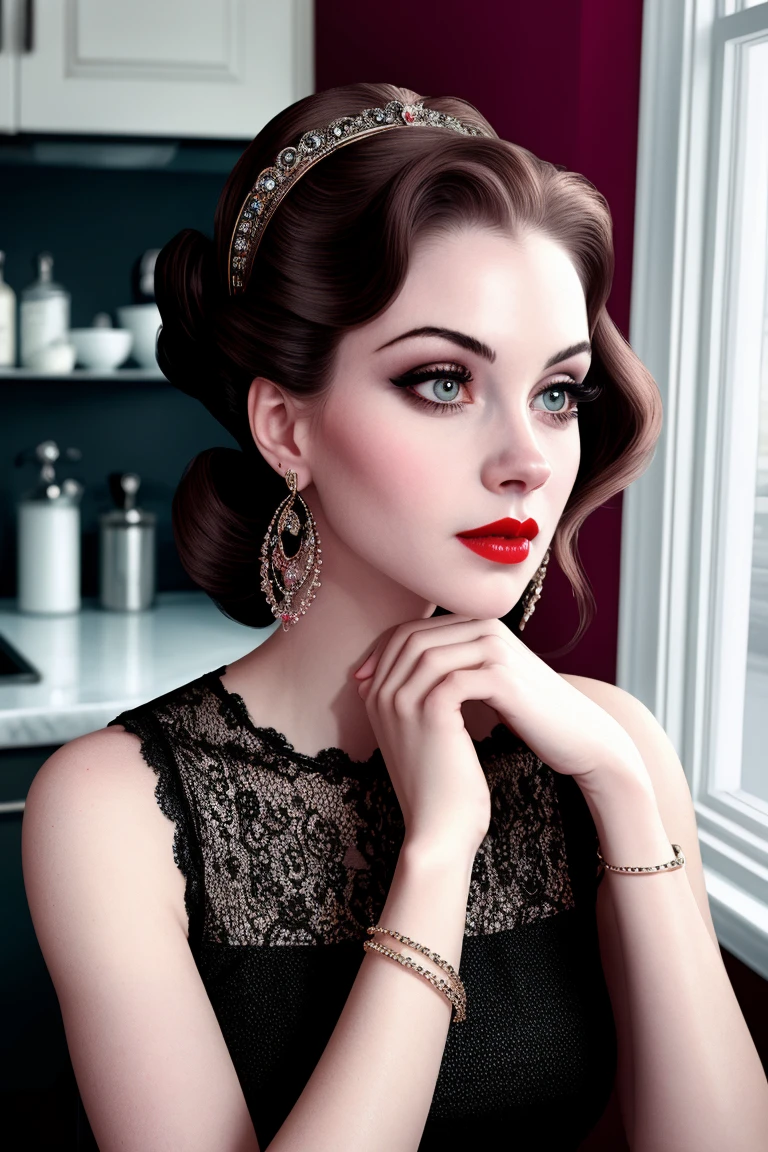 chrisapple-320,  ((detailed eyes, detailed face, masterpiece, best quality, high resolution):1.2),  ((red lipstick, blush)), ((fully clothed, modest)), , ((dark brown hair)), , 1girl, solo, hoop earrings, bracelets, beautiful photograph, dreamy, surreal, trending, art deco, , a photo of a woman, ((detailed eyes, detailed face, award winning, high resolution, masterpiece, best quality, extremely detailed)), (dark lipstick, heavy eye shadow, heavy eyeliner, pale skin), fifties hairdo, 50s hairstyle, hair up, classic 50s dress, ((modest, conservative)), in a kitchen, home, cooking, making dinner, counter, window, food