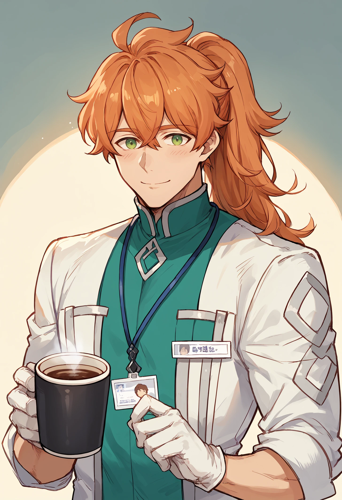 score_9, score_8_up,score_7_up, source_anime, solo, 
outfitlbc, 1boy, male focus, white gloves, holding cup, green eyes, smile, id card, ponytail, orange hair, lanyard, long hair, coffee mug, upper body, looking at viewer, chaldea uniform, closed mouth, blush, name tag, labcoat
<lora:rmnhks_pdxl_EliPot:1>