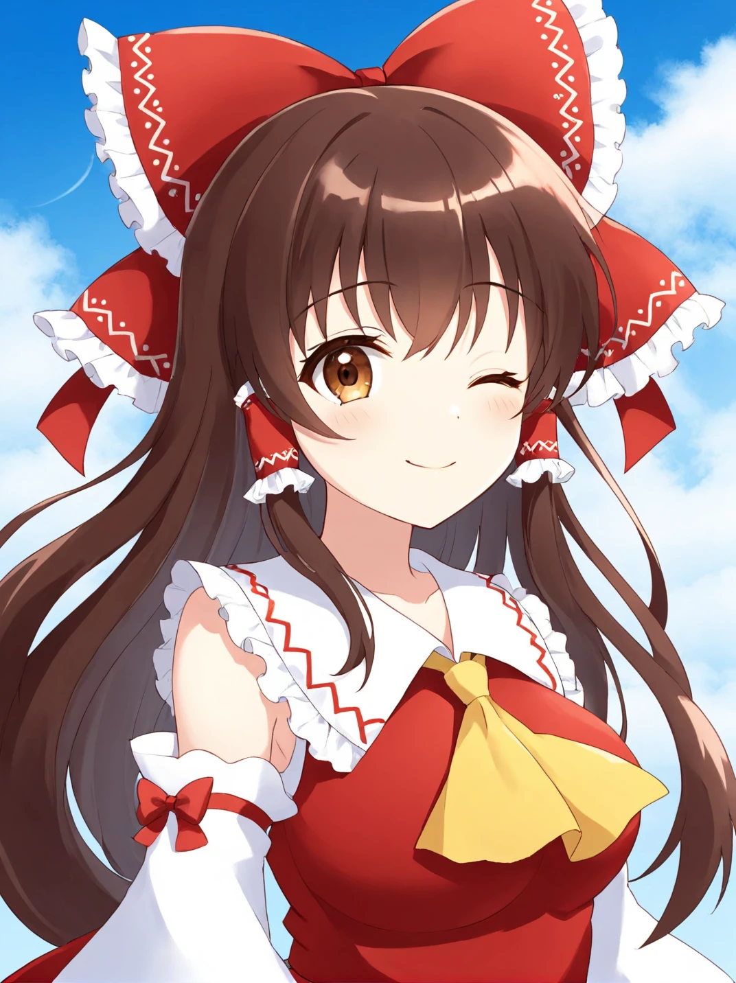 1girl,;d,bangs,big hair frilled bow,breasts,brown eyes,closed mouth,frilled hair tubes,fruit,hakurei reimu,looking at viewer,one eye closed,red skirt,ribbon-trimmed detached wide sleeves,shawl tops,simple background,sky,smile,solo,upper body,yellow ascot,<lora:Hakurei reimu-SDXL-lora-2024.10.25-version1:0.5>,