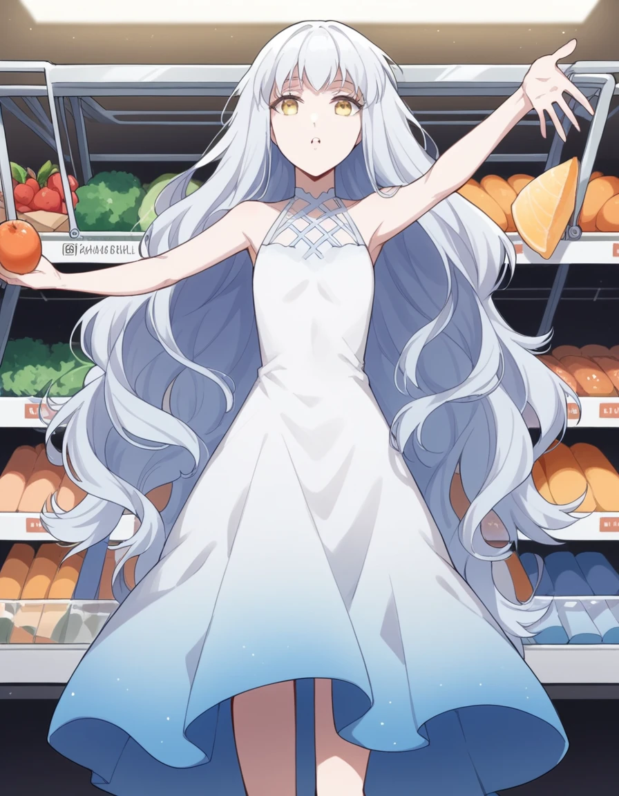 score_9, score_8_up, score_7_up, source_anime, <lora:norn-aion-s1-ponyxl-lora-nochekaiser:1>, aion, long hair, very long hair, yellow eyes, white hair,, dress, bare shoulders, white dress,, grocery store, shopping cart, picking fruits, everyday life, , , on back, arm support, arms up, incoming hug, pov, reaching, reaching towards viewer,, looking at viewer, solo,, dutch angle, cowboy shot