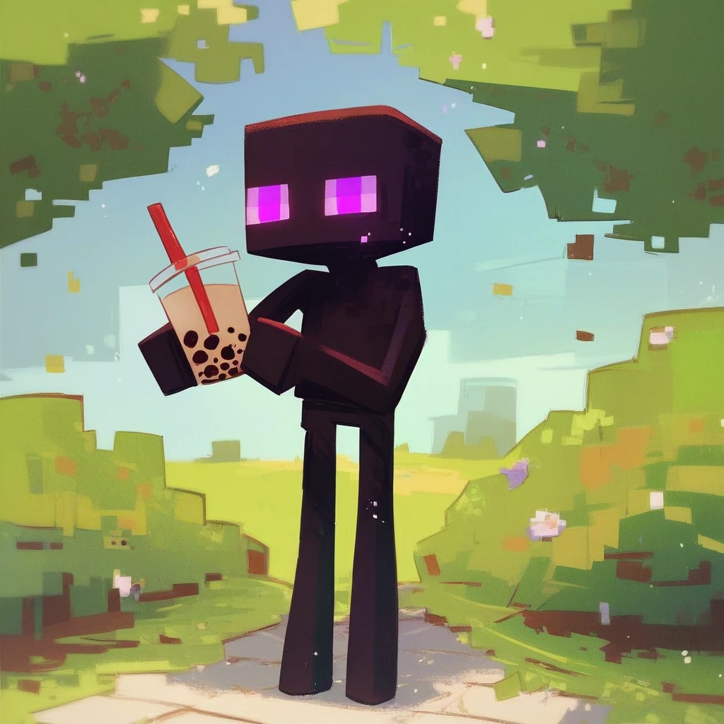 score_9_up, score_8_up, score_7_up, mikus-sona, black skin, purple eyes, square head, square body, tall, long legs, long arms, holding, bubble tea, park