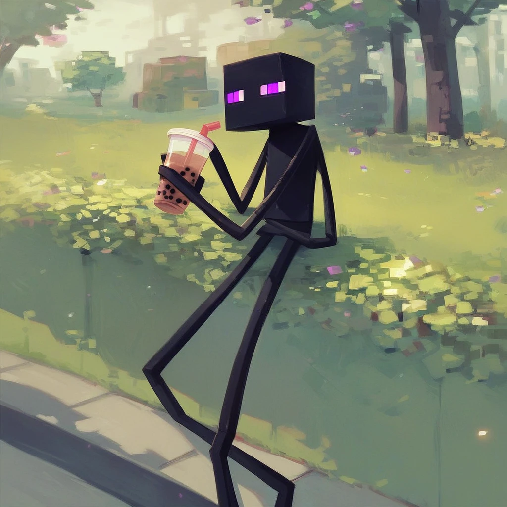 score_9_up, score_8_up, score_7_up, mikus-sona, black skin, purple eyes, square head, square body, tall, long legs, long arms, holding, bubble tea, park