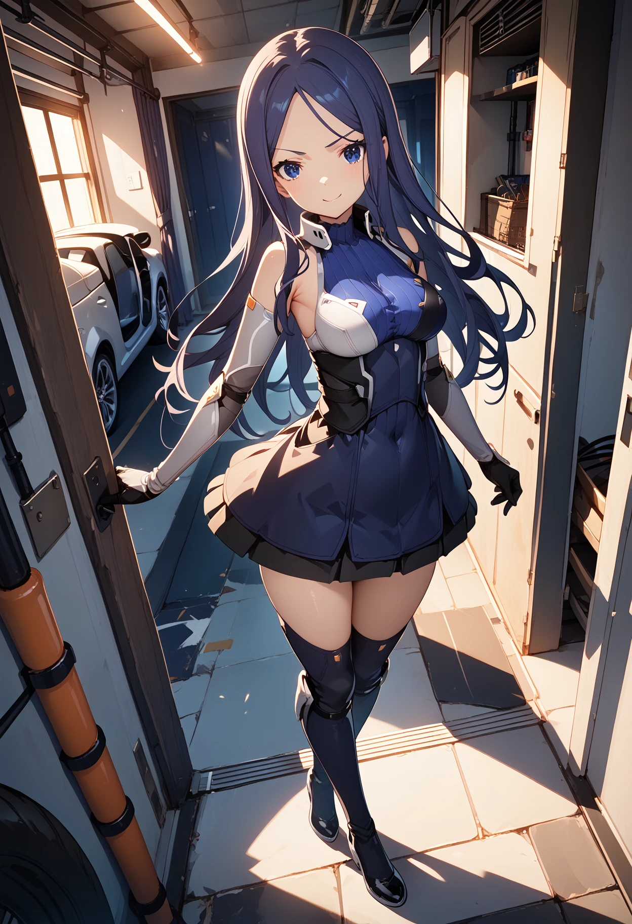 (score_9,score_8_up,score_7_up,source_anime,(masterpiece:1.2),best quality,very aesthetic,public indecency,absurdres),masterpiece,best quality,very aesthetic,absurdres,rim light,metallic luster,intricate details,1girl,
<lora:kanade_p_V2_2:1>,kanade,talaria,blue eyes,blue hair,long hair,elbow gloves,skirt,black footwear,
<lora:Fixhands_anime_bdsqlsz_V1:1>,
standing,smirk,hands_on_hips,open_stance,light_blush,looking_at_viewer,(night:1.2),dutch angle,cinematic_angle,dynamic_angle,full_shot,arched_back,blush,bike,car,multiple motorcycles,garage,indoor,maintenance room,, masterpiece,best quality, very aesthetic, absurdres, ultra detailed, high resolution, 4k, extremely detailed CG,
