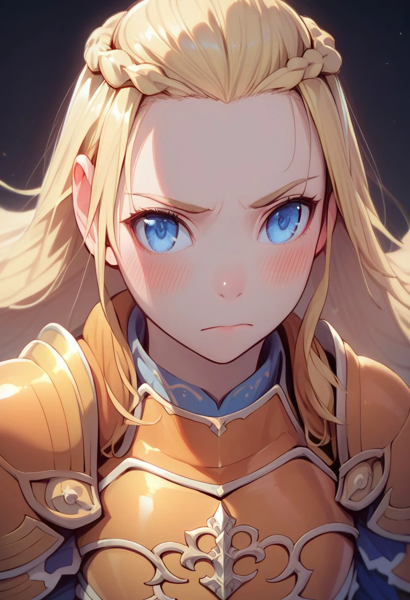 score_9, score_8_up, score_7_up, 
j34nn3d4rc,
1girl, solo, long hair, looking at viewer, blush, blue eyes, blonde hair, simple background, closed mouth, upper body, braid, armor, helmet, breastplate