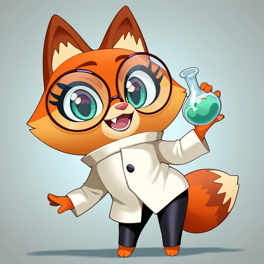 score_9, score_8_up, score_7_up, score_6_up, dr. fox, round glasses,  cute, solo, 1girl, chibi, looking at viewer, standing, open smile,  cute fangs, fox, lab coat, black pants, on model, holding potion, holding beaker, flat chest, full body