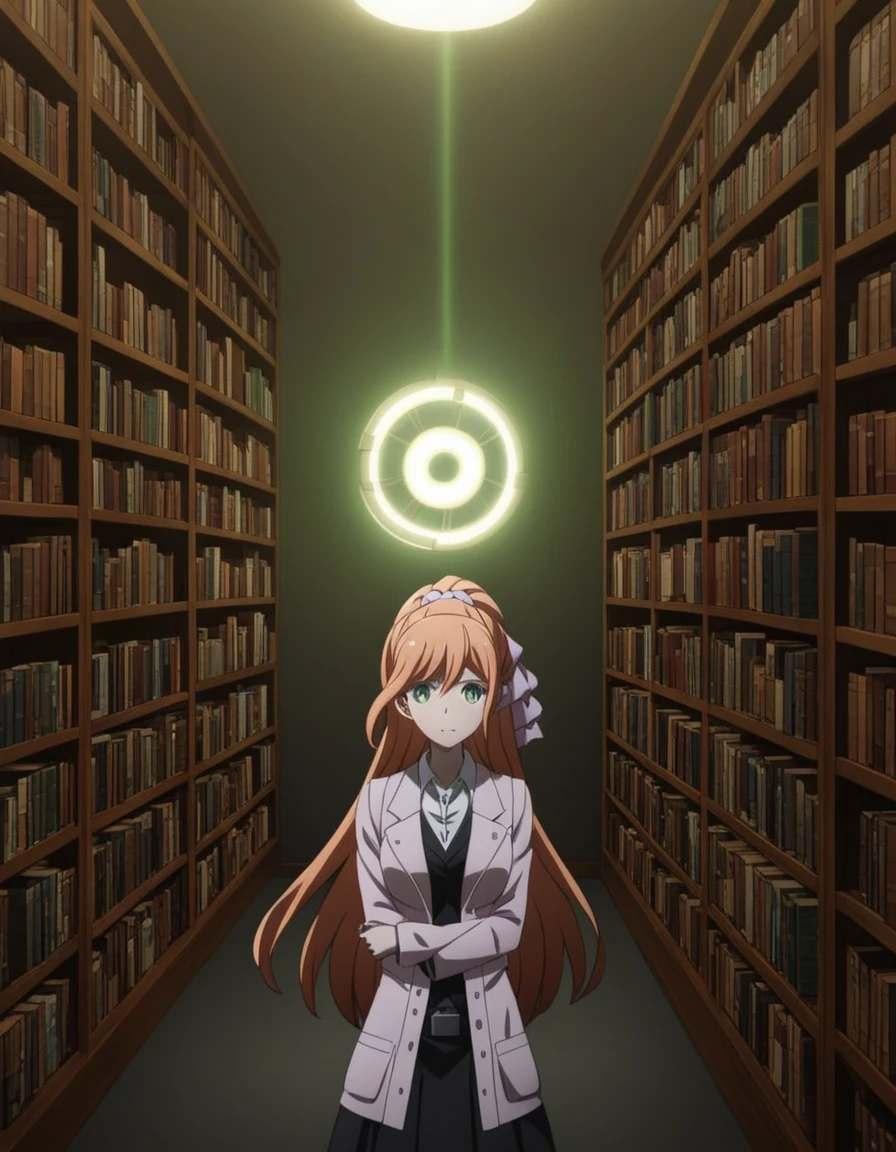 <lora:Chisa_Yukizome_SDXL:1>, This is an anime screencap from Danganronpa 3. ,  .  ((orange hair)), Chisa Yukizome wearing her uniform from Danganronpa 3 future arc. Chisa has green eyes and light brown hair in a ponytail with a pink scrunchie.  She wears a long white coat with a Future Foundation logo pin on its lapel, a light pink dress shirt with an open collar, a black vest, and a black skirt. Chisa Yukizome is within Danganronpa V3's library. The library is covered in mostly yellowed books. The room is dimly lit, and the walls are filled with books on bookshelves. There are two more shelves of books to the right and behind the large stack of books and a set of shelves to the left. There is a black ladder against the book shelves in the middle of the image. There are several stacks of books on the floor. In front of the large stack of books at the back of the room, there is a metal globe with green lighting pulsing around it. The top of the globe has a metal ring that goes around it.  The background of the room is gray and it appears to be poorly lit, with only a small light source illuminating the room. Chisa Yukizome interacts with the environment.