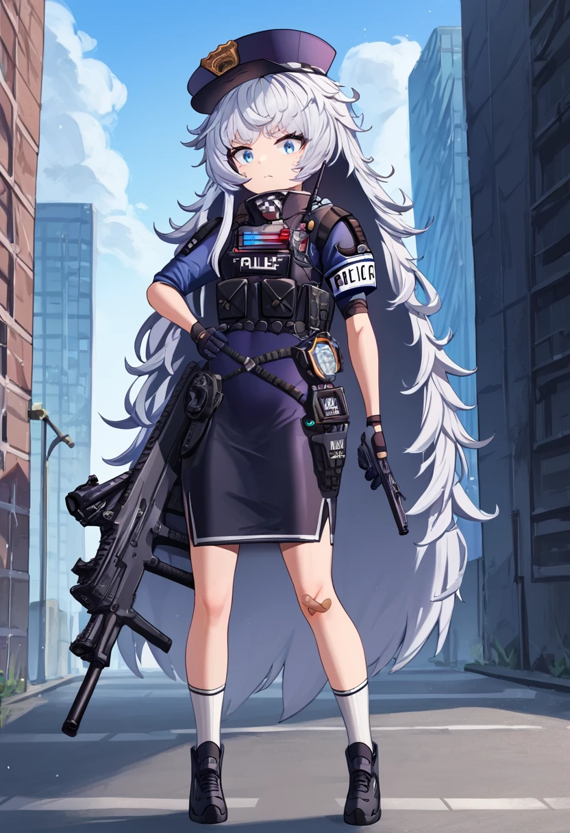 score_9,score_8_up,score_7_up, rating_general, masterpiece, source_anime, zPDXL2, city background, exterior, new york city, police car, police siren, police light,  BREAK,  <lora:Poli-000005:1>, zpoliorigin, 1girl, zpolia_outfit,  solo, long hair, looking at viewer, bangs, blue eyes, skirt,  gloves, hat, white background, holding, very long hair, closed mouth, standing, full body, weapon, white hair, short sleeves, shoes, black gloves, socks, black skirt, black footwear, holding weapon, hand on hip,  holding polipoli_rifle, white socks, holding gun, bandaid, rifle, handgun, pencil skirt, assault rifle, police, bandaid on leg, police uniform, bandaid on knee, policewoman, holstered weapon, walkie-talkie