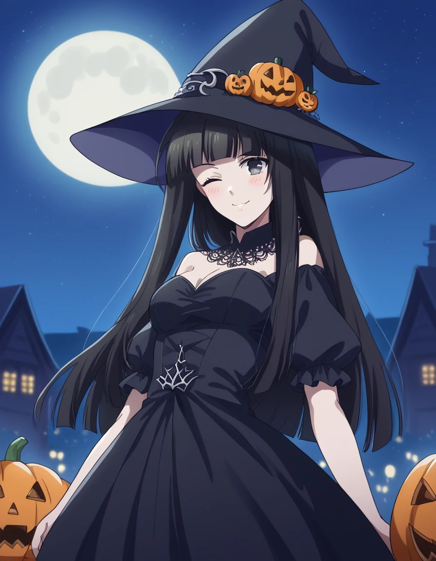 score_9, score_8_up, score_7_up, source_anime, <lora:mikoto-kuga-s1-ponyxl-lora-nochekaiser:1>, mikoto kuga, long hair, bangs, black hair, blunt bangs, black eyes, medium breasts,, <lora:witch-ponyxl-lora-nochekaiser:1>, witch, hat, witch hat, dress, halloween, halloween costume, jewelry,, night, moon, blush, smile, one eye closed,, , dutch angle, cowboy shot