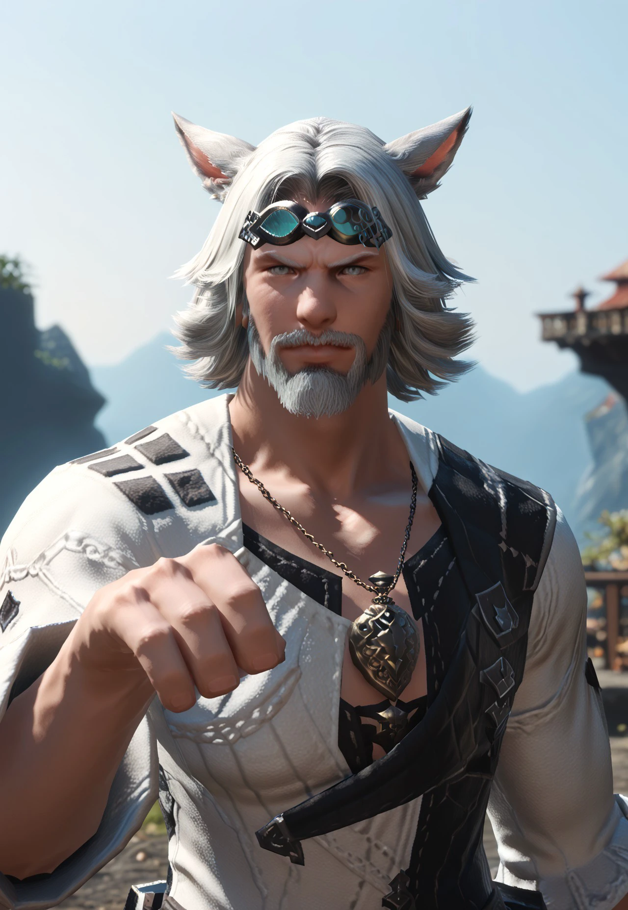 cid nan garlond, 1boy, male focus, grey eyes, facial hair, beard, solo, goggles, white hair, miqo'te, cat ears, animal ears, goggles on head, jewelry, mustache, necklace, upper body, sky, looking at viewer, m4l3v_pose_duskfallcrew, outdoors, dark entreaty, hands up, malevolence, pose,  score_9, score_8_up, score_7_up, score_6_up, score_5_up, score_5_up, score_4_up