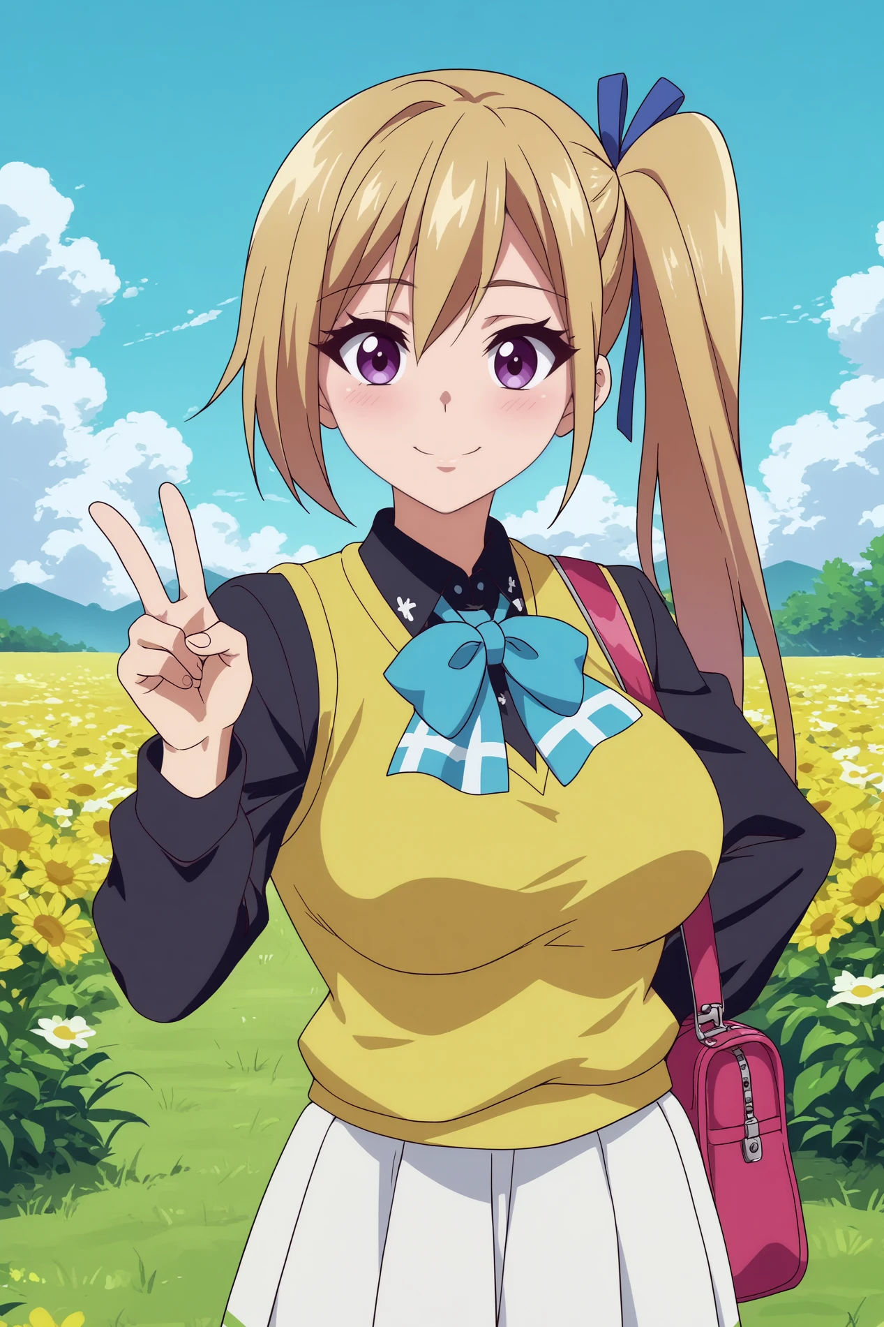  Mai Kawakami,1girl,solo,smile,mole,mole under eye,long hair,side ponytail,purple eyes,ribbon,hair ribbon,sweater vest,looking at viewer,school uniform,large breasts,white skirt,oily skin,shiny_skin,upper body,smile,good_hands,standing,peace sign BREAK outdoors,field,yellow flowers,blue sky,cloud     <lora:Mai_Kawakami_-_Musaigen_no_Phantom_World.safetensors:0.8> <lora:detailed_backgrounds_v2.safetensors:0.5> <lora:add_detail.safetensors:0.5>