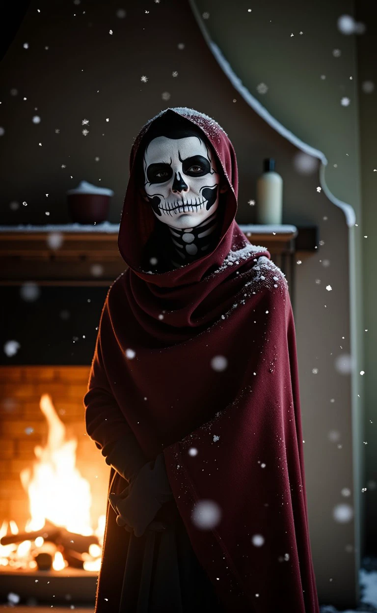 skalchur makeup, closeup dog, dangerous A female figure standing by a softly lit fireplace, wrapped in a shawl, with the warmth of the fire casting a gentle glow over her as snow falls outside. 
<lora:flux_halloween_s08_skeleton_skalchur_makeup:1.0>