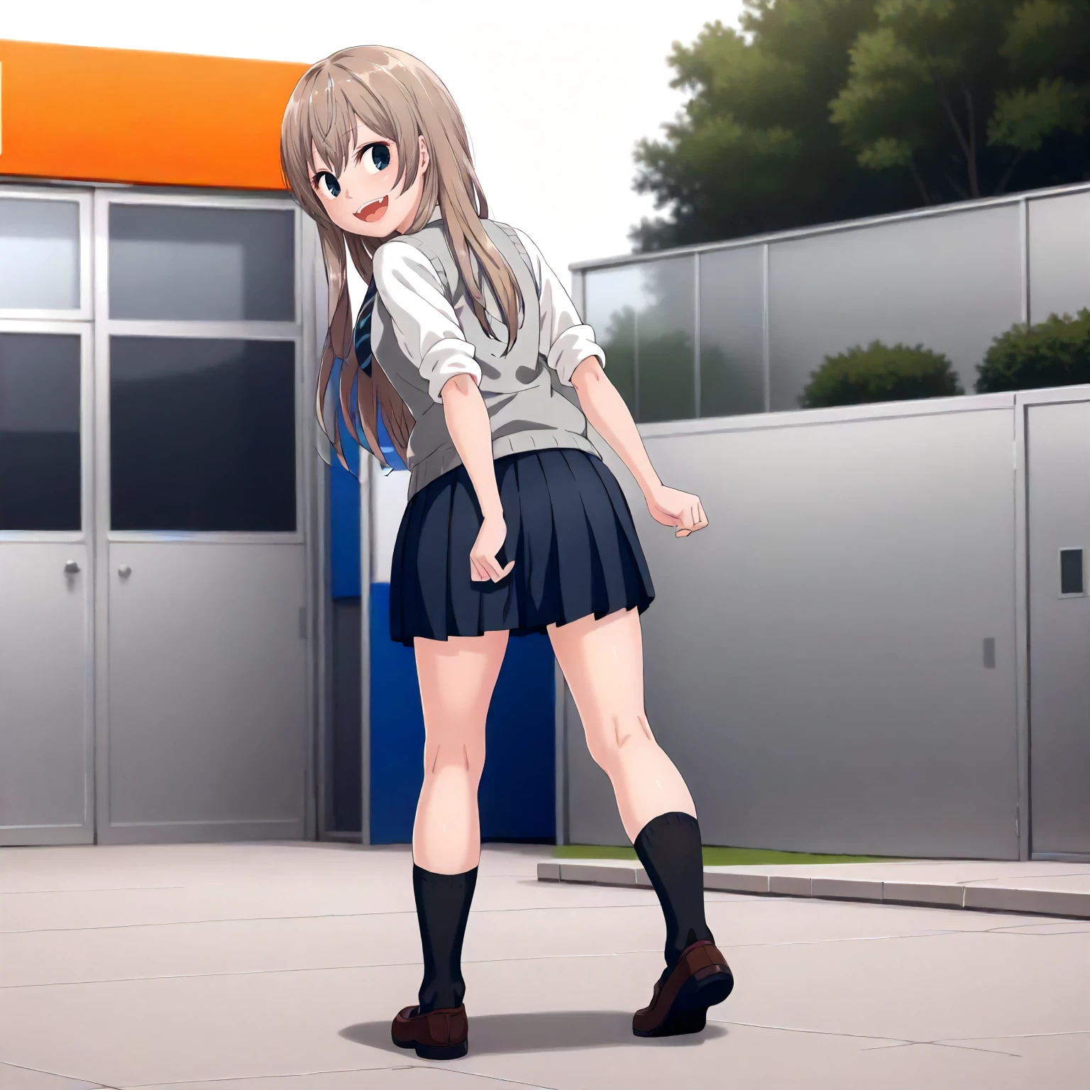 <lora:UnOMdDDMnK_ChiakiXLpony001>,
outdoors,
open mouth,smile,
solo,
Chiaki,1girl,light brown hair,long hair,indigo eyes,
school_uniform,gray sweater vest,sleeves rolled up,
black skirt,pleated_skirt,miniskirt,
black socks,
full body,standing,looking back,