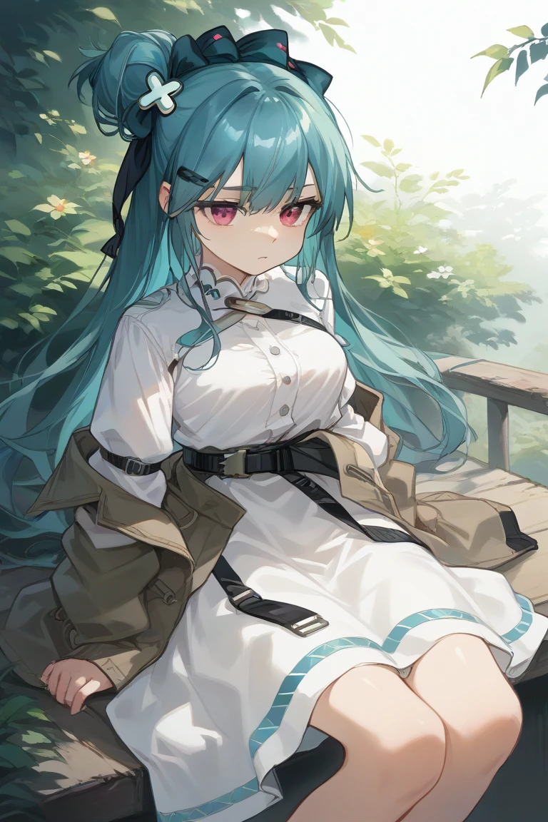 score_9, score_8_up, score_7_up, source_anime, BREAK sitting, aqua hair, white dress, jacket around waist, hair bow, hair ornament, hairclip