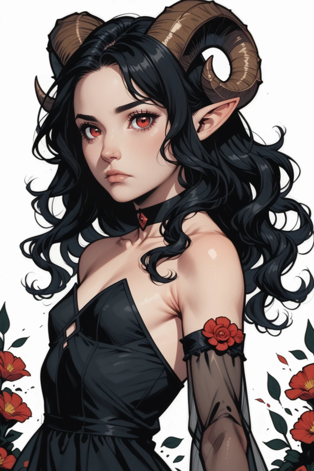 1girl, horns, solo, long hair, pointy ears, looking at viewer, black hair, bare shoulders, , upper body, sheep horns, lips, black eyes, dress, choker, curled horns, wavy hair, breasts, hair ornament, detached sleeves, closed mouth, black dress, nose, from side, sheep girl, expressionless, black hair, flower, eyelashes, small breasts, see-through, red eyes, looking to the side, hair flower, strapless dress, demon girl, black theme, commix style, <lora:COMMIX LORA for AutismMix SDXL_epoch_15:0.9>