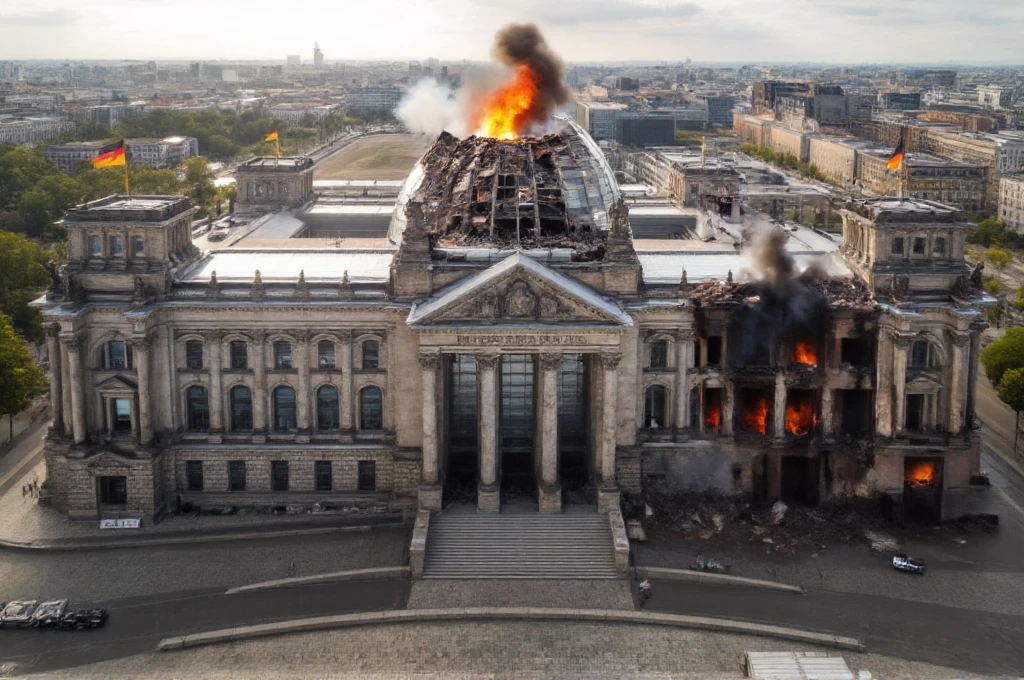 Aerial view of the Reichstag building in Berlin, Germany, showing significant damage. The building is on fire, with smoke billowing from the roof and flames consuming parts of the structure. Rubble lies around the damaged areas. The image is taken from a high angle, capturing the extent of the destruction.
 <lora:distilled_lora:1> <lora:FLUX_Destruction_v1:1>