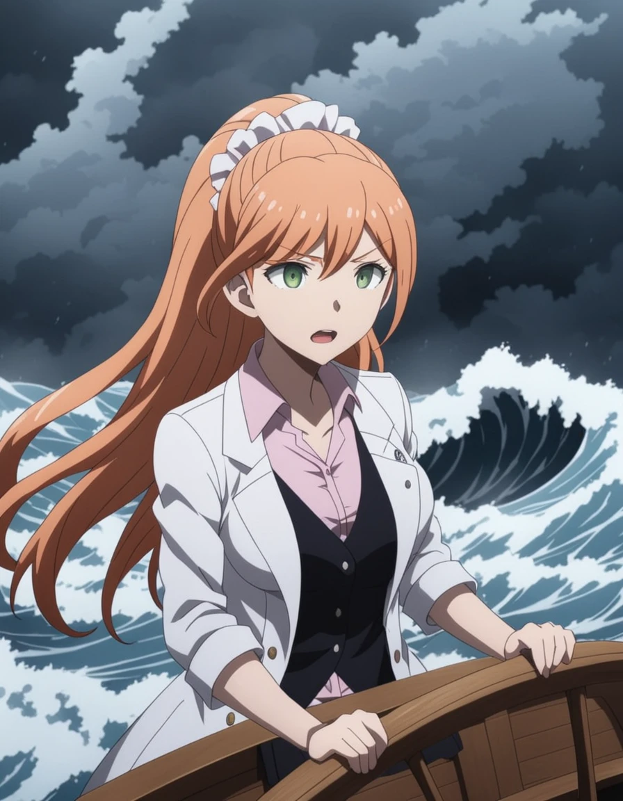 masterpiece, best quality, <lora:Chisa_Yukizome_SDXL:1>, This anime screencap is from Danganronpa the Animation. ,  .  ((orange hair)), ((long white coat)), Chisa Yukizome wearing her uniform from Danganronpa 3 future arc. Chisa has green eyes and light brown hair in a ponytail with a pink scrunchie.  She wears a long white coat with a Future Foundation logo pin on its lapel, a light pink dress shirt with an open collar, a black vest, and a black skirt. Chisa Yukizome is navigating a treacherous, stormy sea, standing at the helm of a small, wooden boat that is tossed by towering waves. She looks brave, gripping the wheel tightly and steering the boat through the turbulent waters. Around her, a crew of loyal, determined-looking stuffed animals works together to keep the boat afloat, battling against the relentless storm.