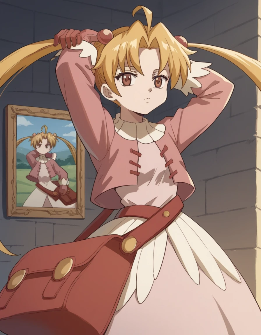 score_9, score_8_up, score_7_up, source_anime, <lora:ragnarok-maya-s1-ponyxl-lora-nochekaiser:1>, ragnarok maya, long hair, blonde hair, hair ornament, twintails, brown eyes, ahoge, parted bangs,, gloves, long sleeves, dress, bag, cropped jacket, pink jacket,, museum, art exhibit, paintings, observing, quiet contemplation, cultural experience, , hands behind head,, looking at viewer, solo,, dutch angle, cowboy shot