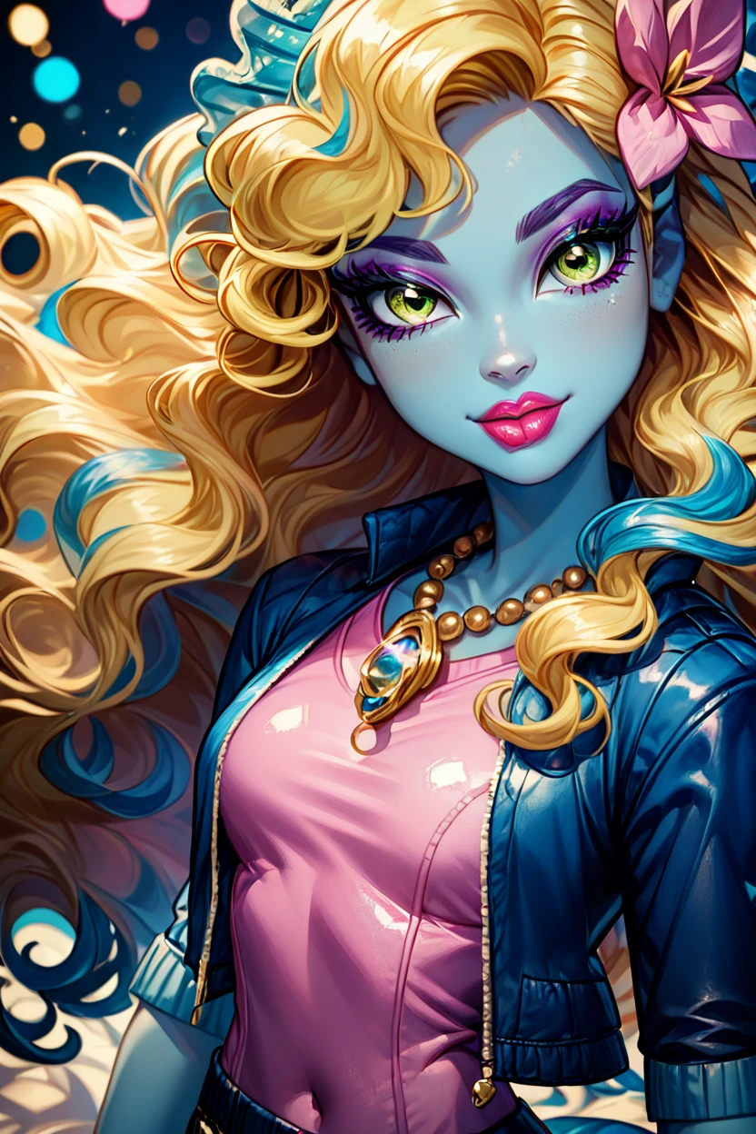 score_9, score_8_up, score_8, medium breasts, (curvy), cute, eyelashes,       ,,, , ,,, zzLagoona, green eyes, yellow eyes, blonde hair, blue hair, curly hair, hair flower, hair ornament, long hair, multicolored hair, wavy hair, blue skin, makeup, jewelry, lipstick, necklace, bracelet, eyeshadow, flower, pink shirt, black shorts, black jacket,  <lora:Lagoona_MH_PDXL:1.0>,  ,,,, BREAK,  (ultra realistic,32k, masterpiece:1.2),(high detailed skin:1.1),( high quality:1.1), head tilt, lips, closed mouth, shiny clothes, (upper body), looking at viewer, bokeh, luminescent background, ,,, embedding:zPDXL, Expressiveh, ,,, <lora:RlAnmPDXL:1.0>,