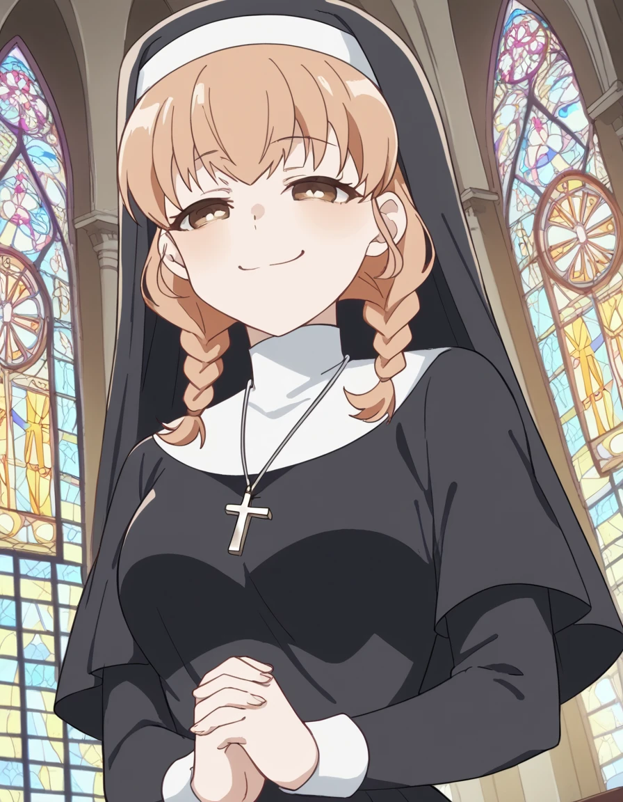 score_9, score_8_up, score_7_up, source_anime, <lora:momoko-sudou-s1-ponyxl-lora-nochekaiser:1>, momoko sudou, brown hair, brown eyes, braid, twin braids, medium breasts, <lora:traditional-nun-ponyxl-lora-nochekaiser:1>, traditional nun, nun, habit, long sleeves, dress, black dress, jewelry, black veil, cross, cross necklace,, church, smug, praying,, , dutch angle, cowboy shot