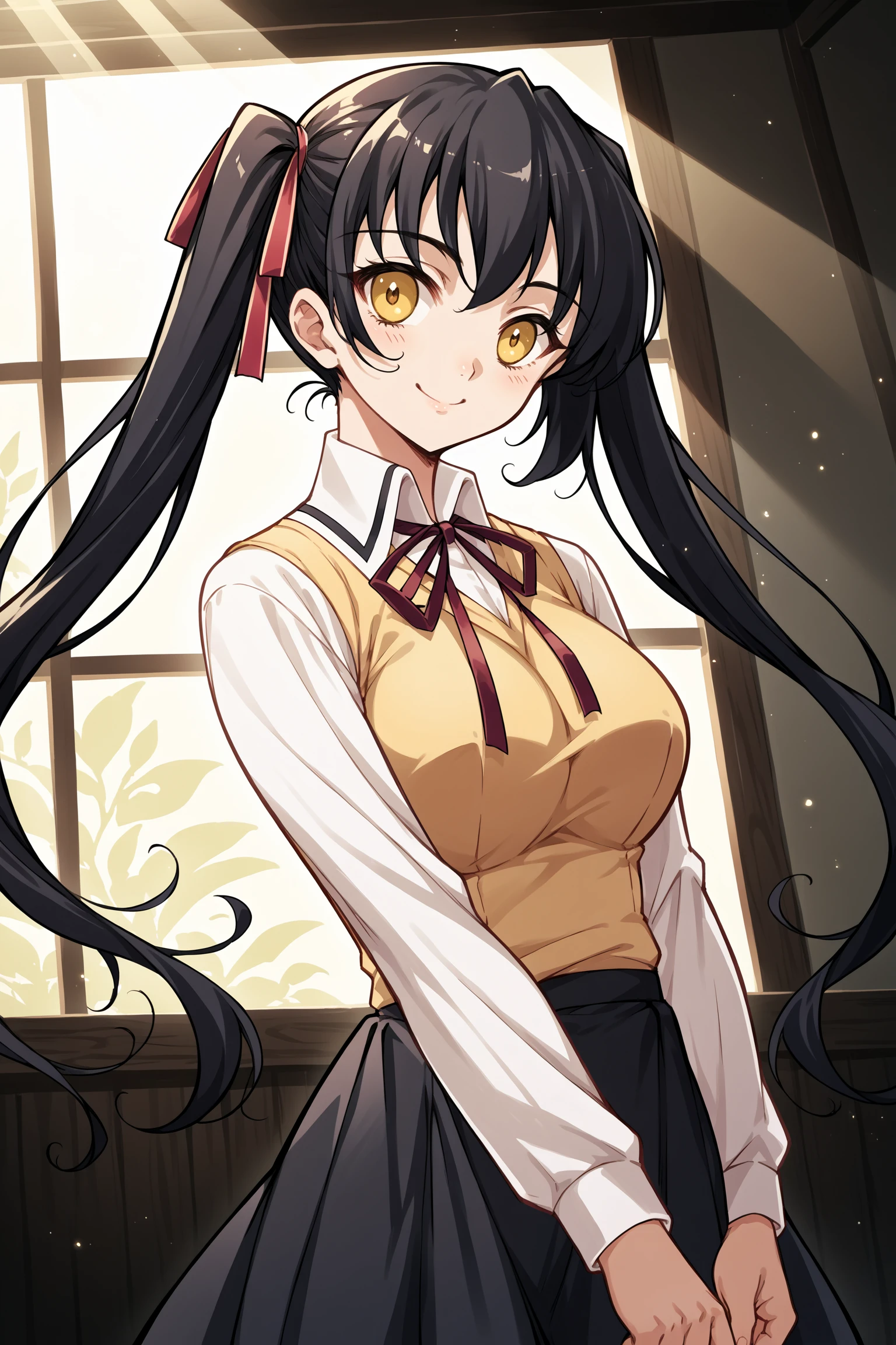 score_9, score_8_up, score_7_up, , rating_general ,1girl ,yellow eyes, twintails, black hair, hair red ribbon, neck red ribbon, white clothes, yellow sweater vest, long sleeves, black skirt,  indoors, source_anime,  <lora:ManaMinazukiPDCAMEq1v1 JK Koukan ~Soko no Anata:1>, cowboy shot, abstract, spotlight, smile