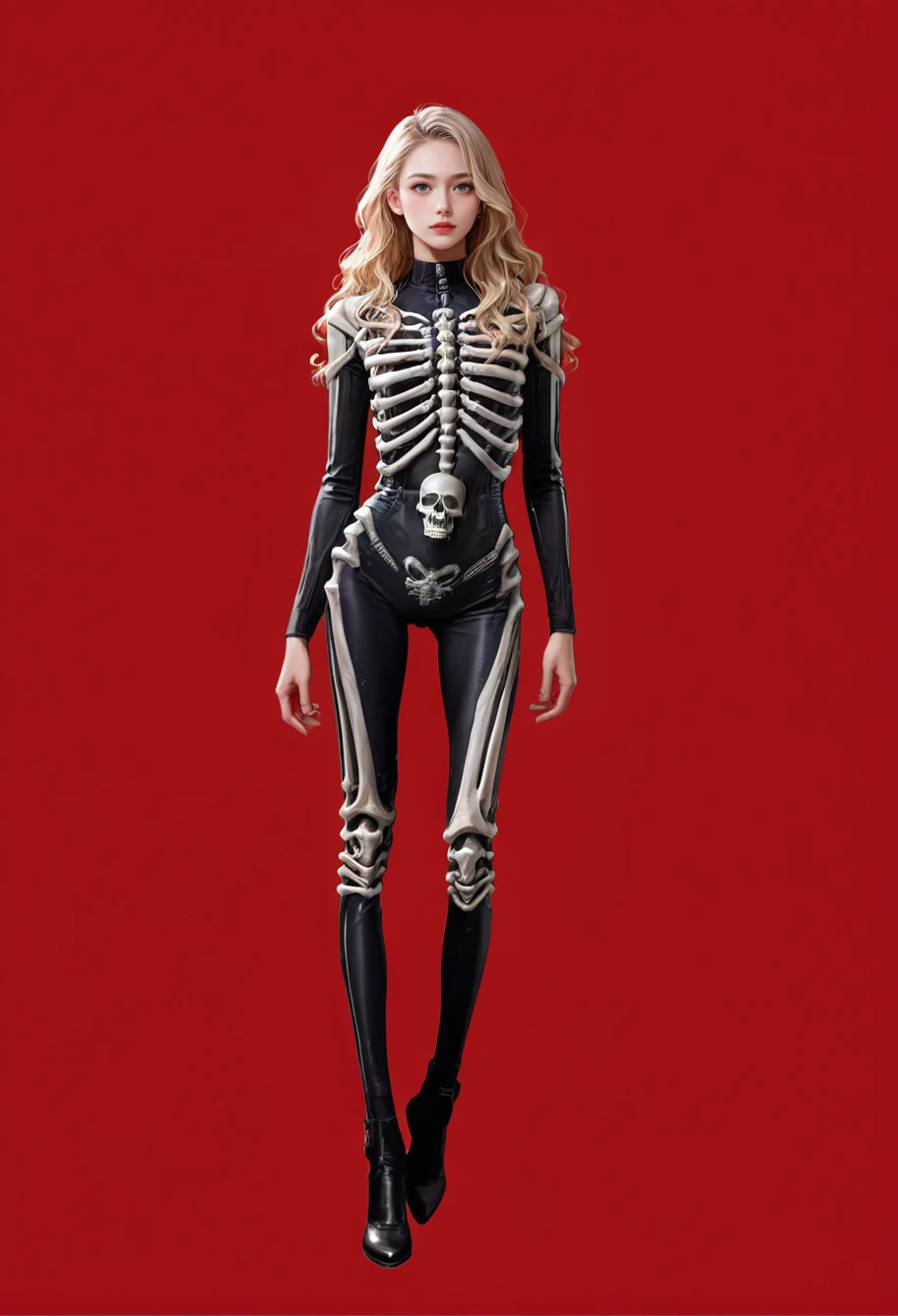 1girl,red background,,ruanyi1917,bodysuit,skeleton,ribs,full body,<lora:1917 skeleton jumpsuit_v1_pony:1>, score_9,score_8_up,score_7_up,,8k,1girl,solo,,, blonde hair,long hair,wavy hair,