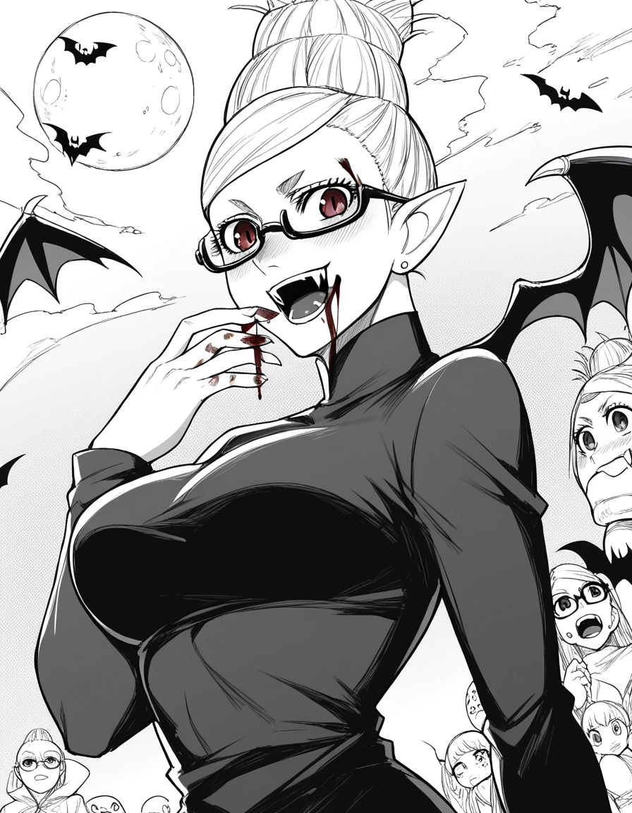 score_9, score_8_up, score_7_up, source_anime, <lora:seiko-ayase-manga-ponyxl-lora-nochekaiser:1>, seiko ayase, long hair, large breasts, monochrome, greyscale, earrings, glasses, hair bun, semi-rimless eyewear, under-rim eyewear,, <lora:vampire-ponyxl-lora-nochekaiser:1>, vampire, red eyes, pointy ears, fangs, black dress, wings, blood, blood on face, blood on mouth, bat (animal), halloween, halloween costume, upper teeth only, night, moon, blush, smile, open mouth, , dutch angle, cowboy shot