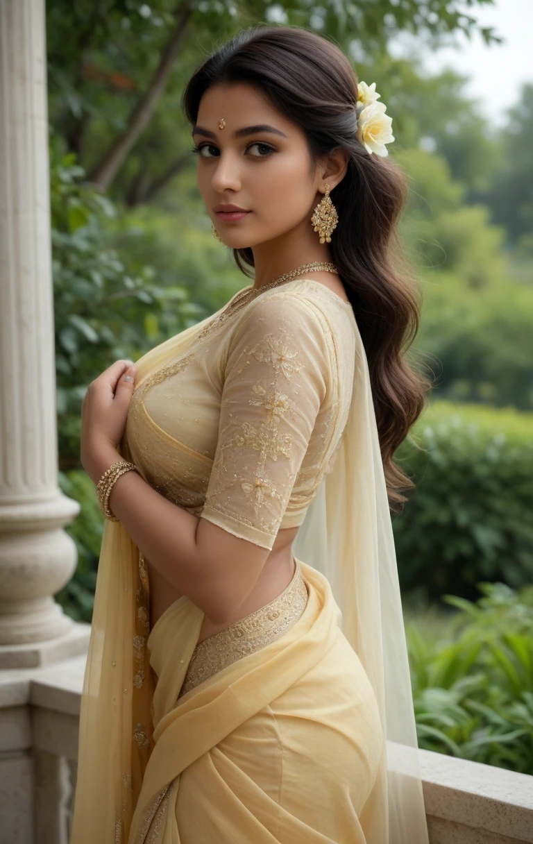 A beautiful Indian lady in yellow cotton saree, side view, score_9,score_8_up,masterpiece