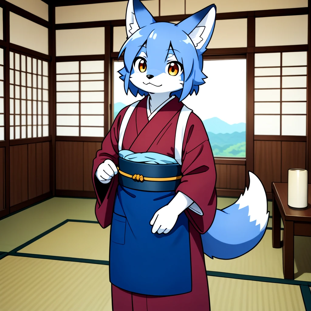 <lora:okamisty_SDXL_v2:0.5>, furry man, solo, animal_ears, sash code, tasuki, white_tasuki, maroon_kimono, indigo blue_apron, indoors, aged_up, anime, fox