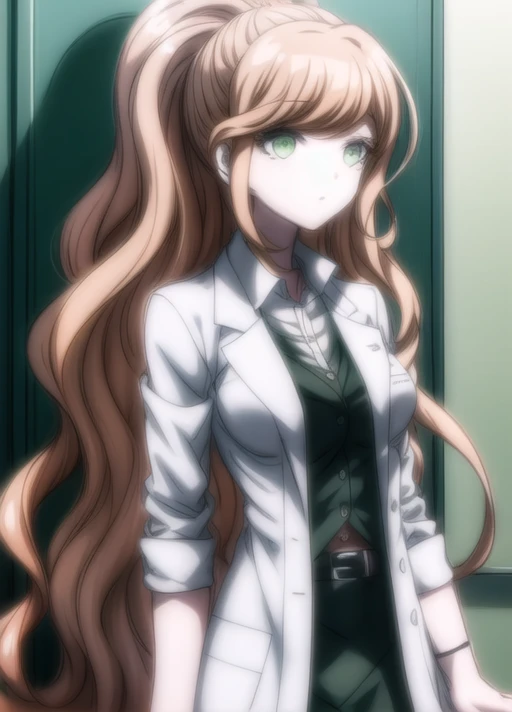 solo, <lora:add_detail:1>, <lora:goodhands:0.7>, <lora:Chisa_Yukizome_SD15:1>, chisa yukizome, 1girl, anime, screencap from the anime Danganronpa 3, chisa future arc uniform, ponytail, green eyes, long hair, wavy hair, brown hair, black skirt, white lab coat, open collar, rolled up sleeves