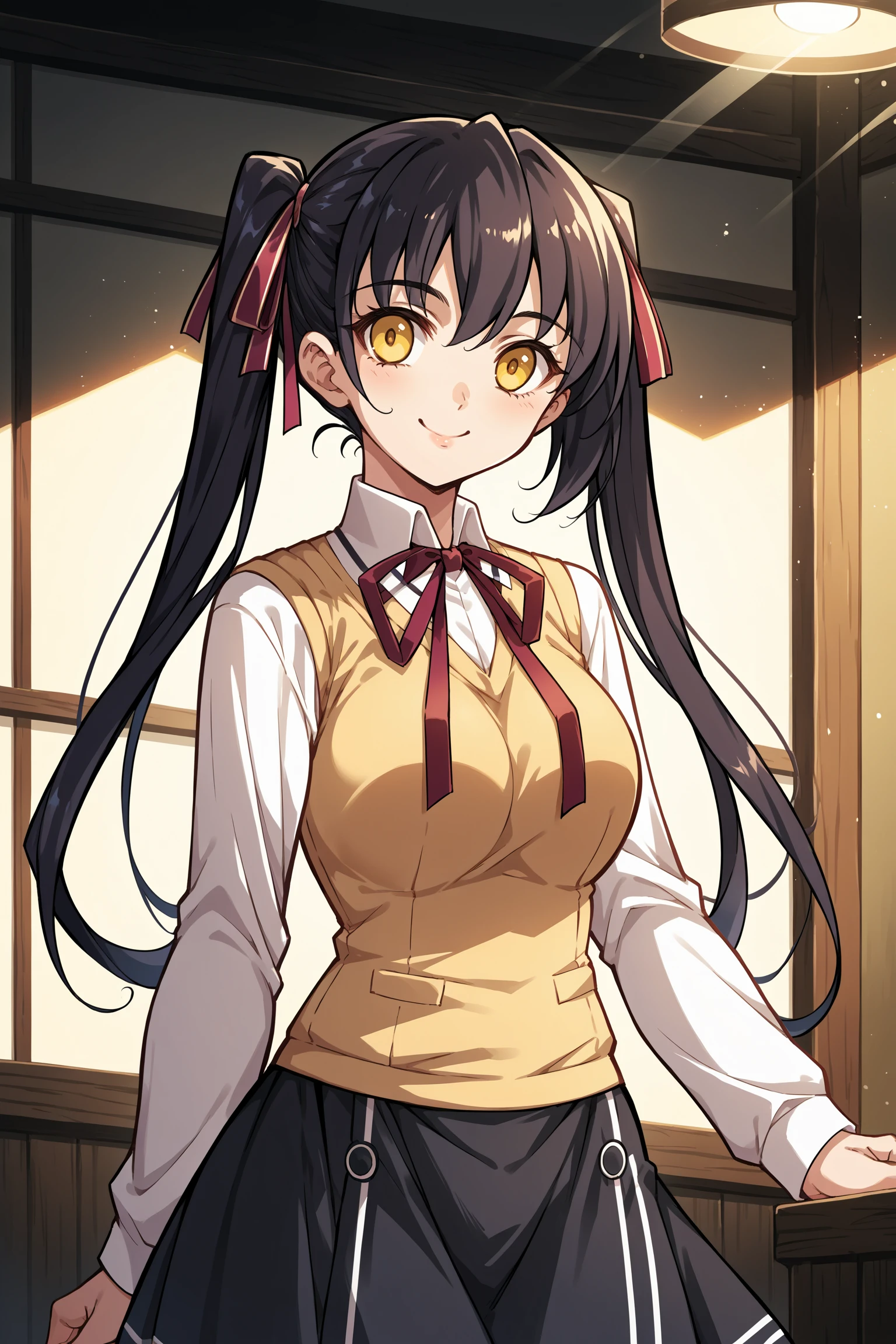 score_9, score_8_up, score_7_up, , rating_general ,1girl ,yellow eyes, twintails, hair red ribbon, neck red ribbon, white clothes, yellow sweater vest, long sleeves, black skirt,  indoors, source_anime,  <lora:ManaMinazukiPDCAMEq1v1 JK Koukan ~Soko no Anata:1>, cowboy shot, abstract, spotlight, smile