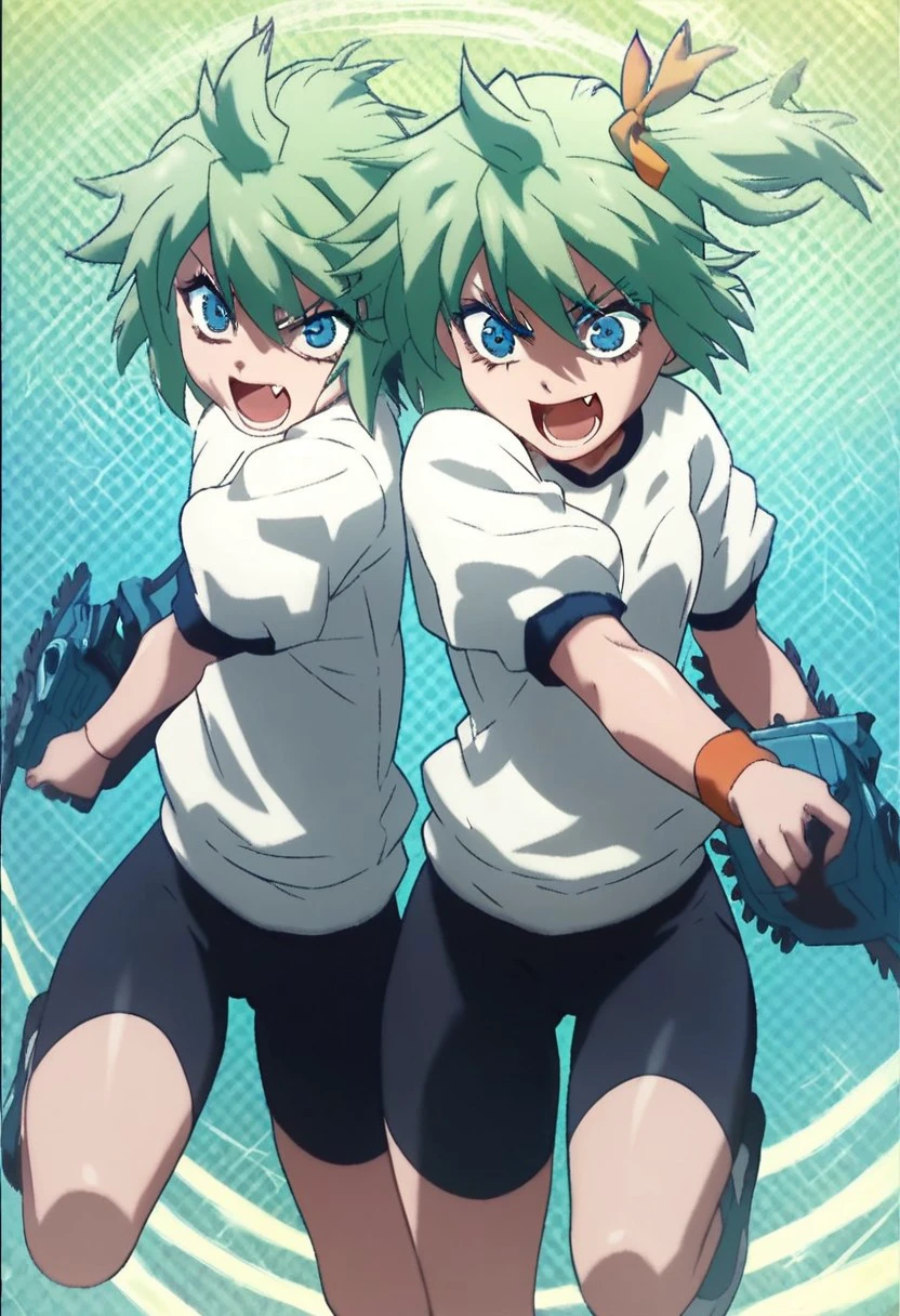 score_9, score_8_up, score_7_up, 
1l3n3l,ile and nel,
short hair, open mouth, blue eyes, multiple girls, ribbon, 2girls, weapon, green hair, fang, side ponytail, gun, siblings, sisters, bike shorts, gym uniform, twins, chainsaw