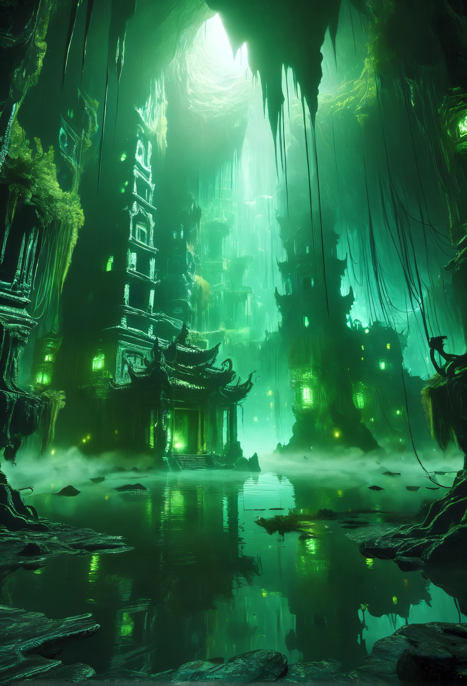 abyssmerald, dark, haunting, green fog, cave, ruins, root, wet floor, water reflection, blue lantern, background fantasy, ancient background, masterpiece, top quality, best quality, official art, cinematic lightings, photorealistic.