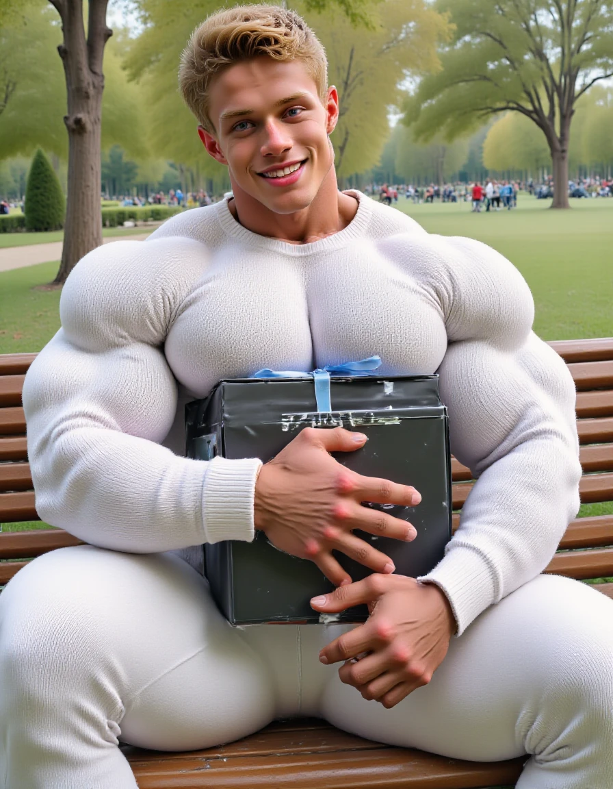 @pcsntp1 an man sitting on a park bench. (He is dressed wearing a white sweater and white pants.  He is hugging a big black box against his chest)
He has a muscular physique specifically his large top heavy upper body, his extra large chest is exaggerated, excessively large and bulky, covering the top of the box. The box has words "LORA" in white text on the side. With smile he is looking at the viewer.
<lora:OverTheTopPecs.Style.V1.flux1d_epoch_9:1.7>