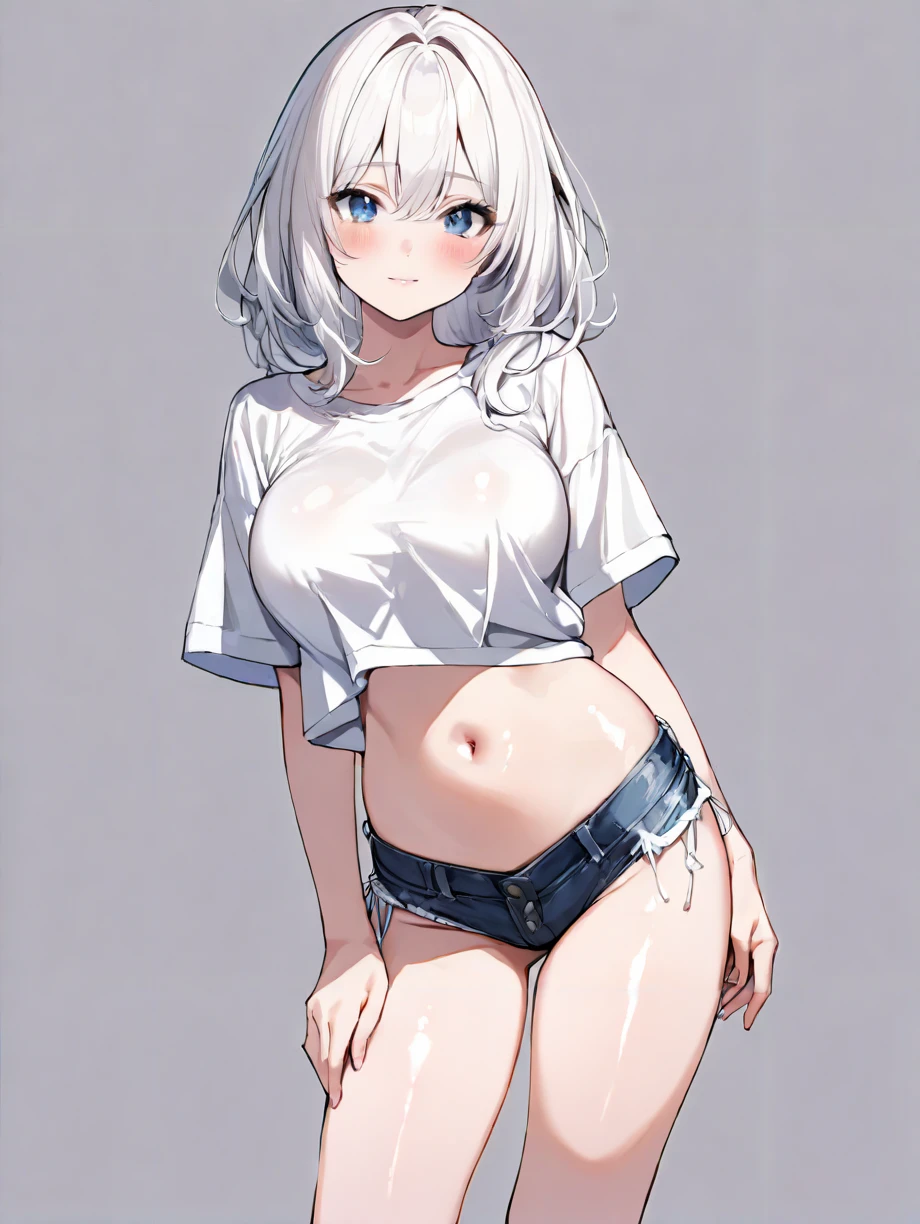 masterpiece,ultra-detailed,best quality,8K,illustration,cute face,clean skin ,shiny hair,girl,large breasts,ultra-detailed-eyes,simple background,white hair, blue eyes, <lora:micro shorts_illustrious_V1.0:1> micro shorts, midriff, navel,denim,pubic hair,shirt