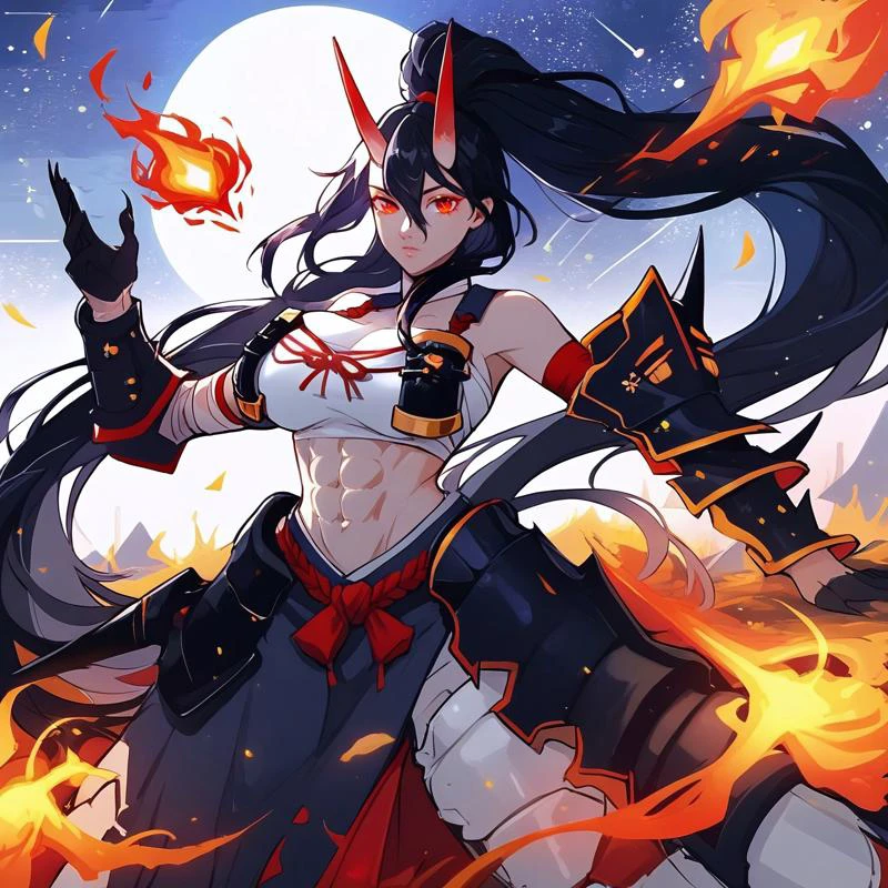 safe_pos, score_9, score_8_up, score_7_up, tamaytka, detail1eye,
1girl, solo,
straight-on shot, panorama,
(standing),
hand up, open hand
Fireball, casting fireball with hand up,
BREAK
(Thicc:1.4), (large breasts:1.4), (wide hips:1.5), (thick thighs:1.2), abs, fit, White skin,
akakage youtou hime, (Black hair), ponytail, (absurdly long hair:1.4),
red eyes, tsurime,
sarashi, bandages, midriff, detached sleeves, (floating armor arm piece:1.5), single gauntlet, faulds, sharp nails, (black hands:1.5),
BREAK
(night), moon, (Japanese village), (darkness:1.4), (Japan night)