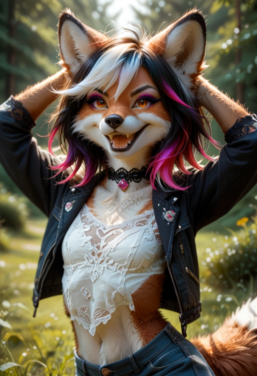 safe_pos, score_9, score_8_up, score_7_up, score_6_up, score_7_up, score_6_up, source_furry, cowboy shot, realistic, portrait, close up view, (furry:2), Slender, slim, adult furry female fox, fluffy body fur, detailed eyes, eyeliner, feminine eyelashes, (paws:1.5), (small claws:1.6), short hair, bangs, (highlights:2), jewel choker, standing pose, arms up, cutoff jacket, lace shirt, shorts, ,fox ears, violet hair, lace trim, fangs, (eyeshadow:1.5), open mouth, grin, outdoors, trees, grass