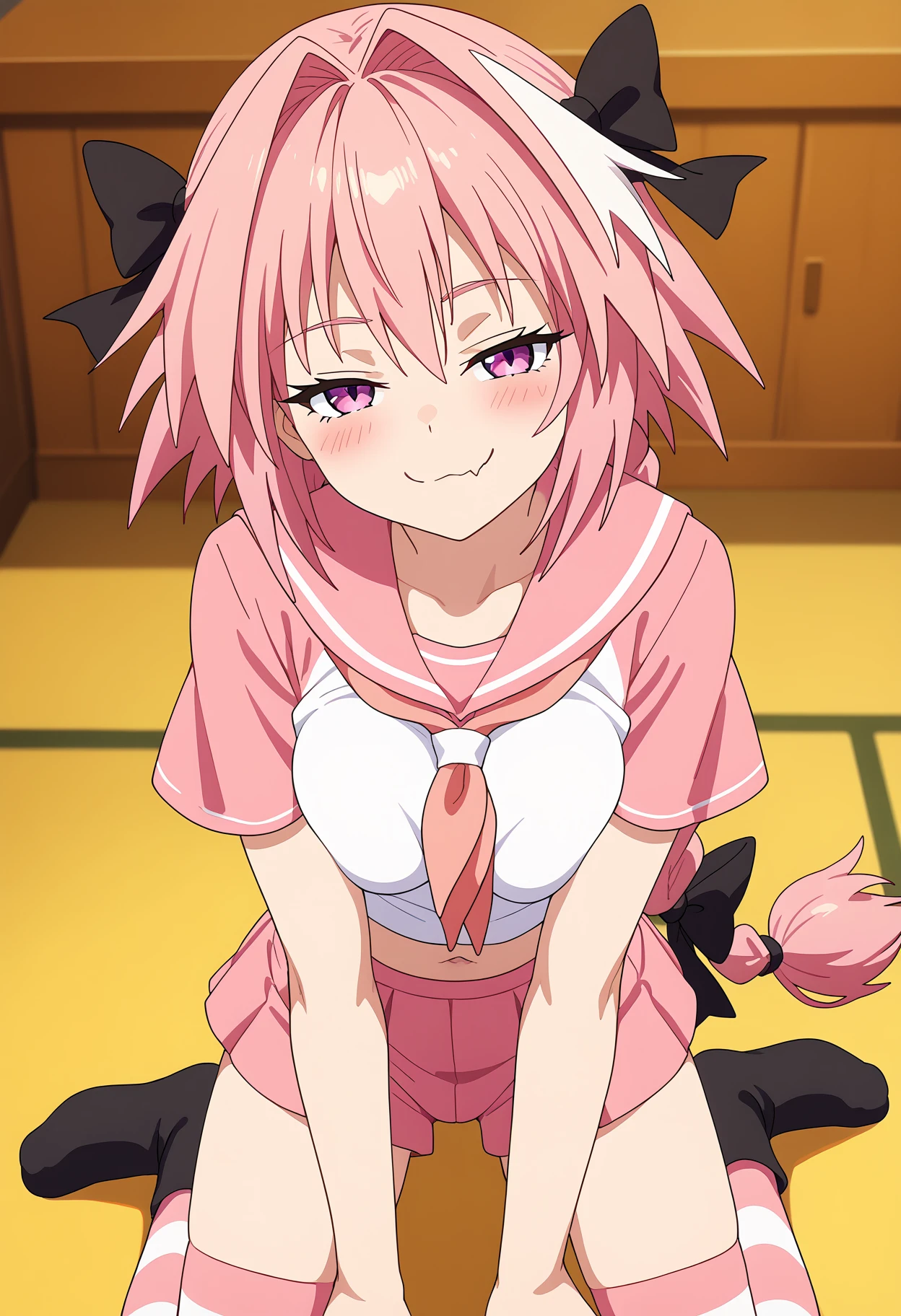 akira kogami,,ahoge,short hair,pink hair, mini skirt,  :D, (nsfw),(((lift skirt,panties)))
(best quality, masterpiece, RAW photo,ultra-detailed:1.2), 1girl,solo,looking at viewer,smile