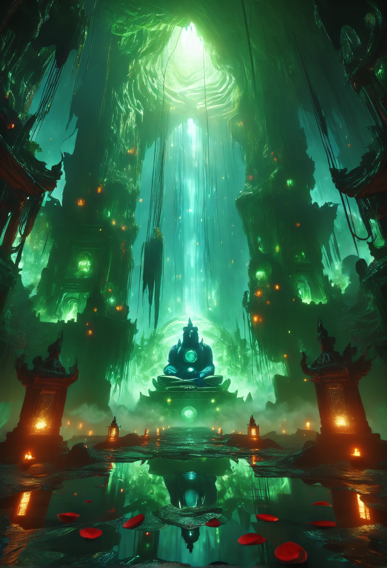 abyssmerald, big statue, dark, haunting, green fog, green ghosting flame, rose petals falling, cave, ruins, root, wet floor, water reflection, (blue lantern:1.2), background fantasy, ancient background, masterpiece, top quality, best quality, official art, cinematic lightings, photorealistic.