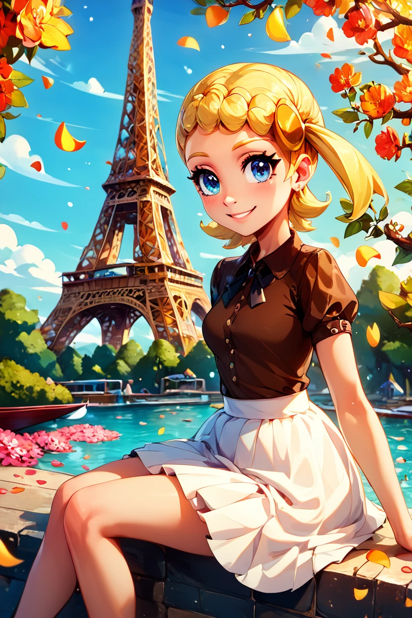 score_9, score_8_up, score_8, medium breasts, (curvy), cute, eyelashes,       ,,, , ,,, zzBonnie, blue eyes, blonde hair, hair ornament, short hair, side ponytail, brown shirt, white skirt, <lora:Bonnie_Pokemon_PDXL:1.0> ,,,, BREAK, zzEiffelTower in background, sitting, watercraft, boat, sitting on wall, side view, looking at viewer, smile, ,,, BREAK, blooming stars, luminescent petals, otherworldly fragrance blurry background, ,,, embedding:zPDXL, Expressiveh, ,,, <lora:EiffelTowerPDXL:1.0>, <lora:CatalystStylePDXL:0.6>, <lora:SDXLFaeTastic2400:0.5>, <lora:Expressive_H-000001:0.4>,