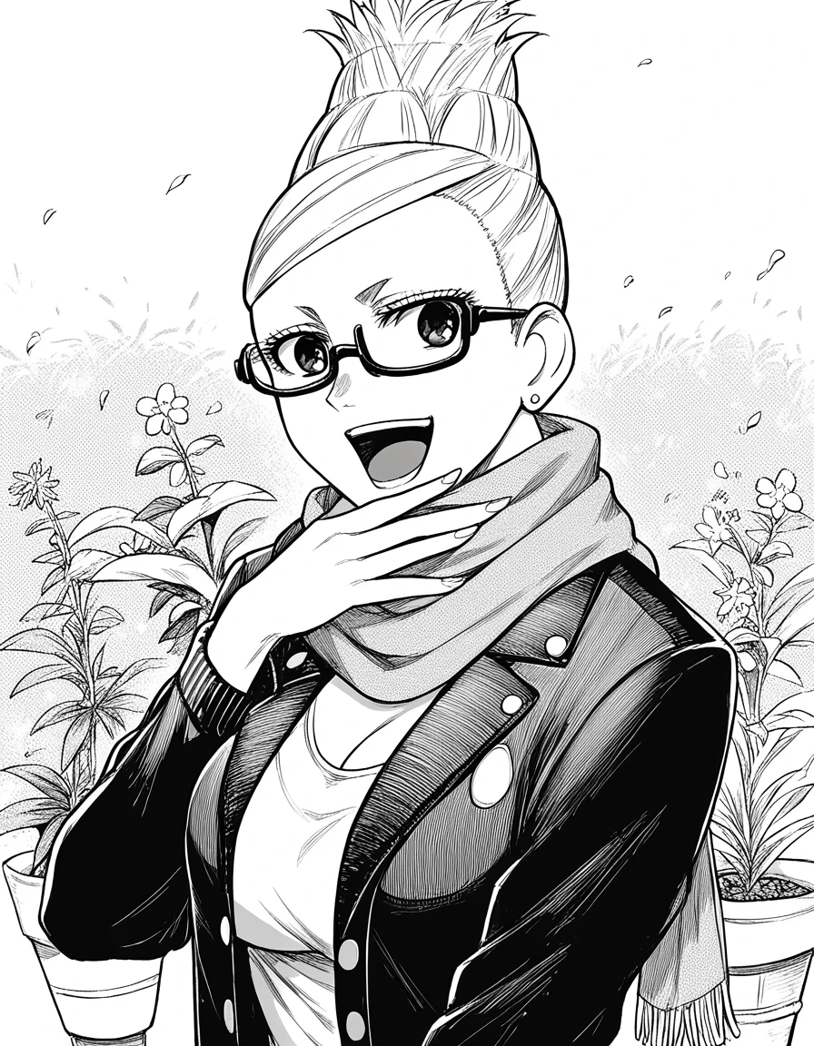 score_9, score_8_up, score_7_up, source_anime, <lora:seiko-ayase-manga-ponyxl-lora-nochekaiser:1>, seiko ayase, long hair, large breasts, monochrome, greyscale, earrings, glasses, hair bun, semi-rimless eyewear, under-rim eyewear,, cleavage, jewelry, jacket, scarf, sweater, long sleeves, center opening,, gardening, watering plants, backyard, flowers blooming, sunny day,, smile, <lora:ojou-sama-pose-ponyxl-lora-nochekaiser:1>, ojou-sama pose, laughing, smug, hand to own mouth, open mouth,, looking at viewer, solo,, dutch angle, cowboy shot