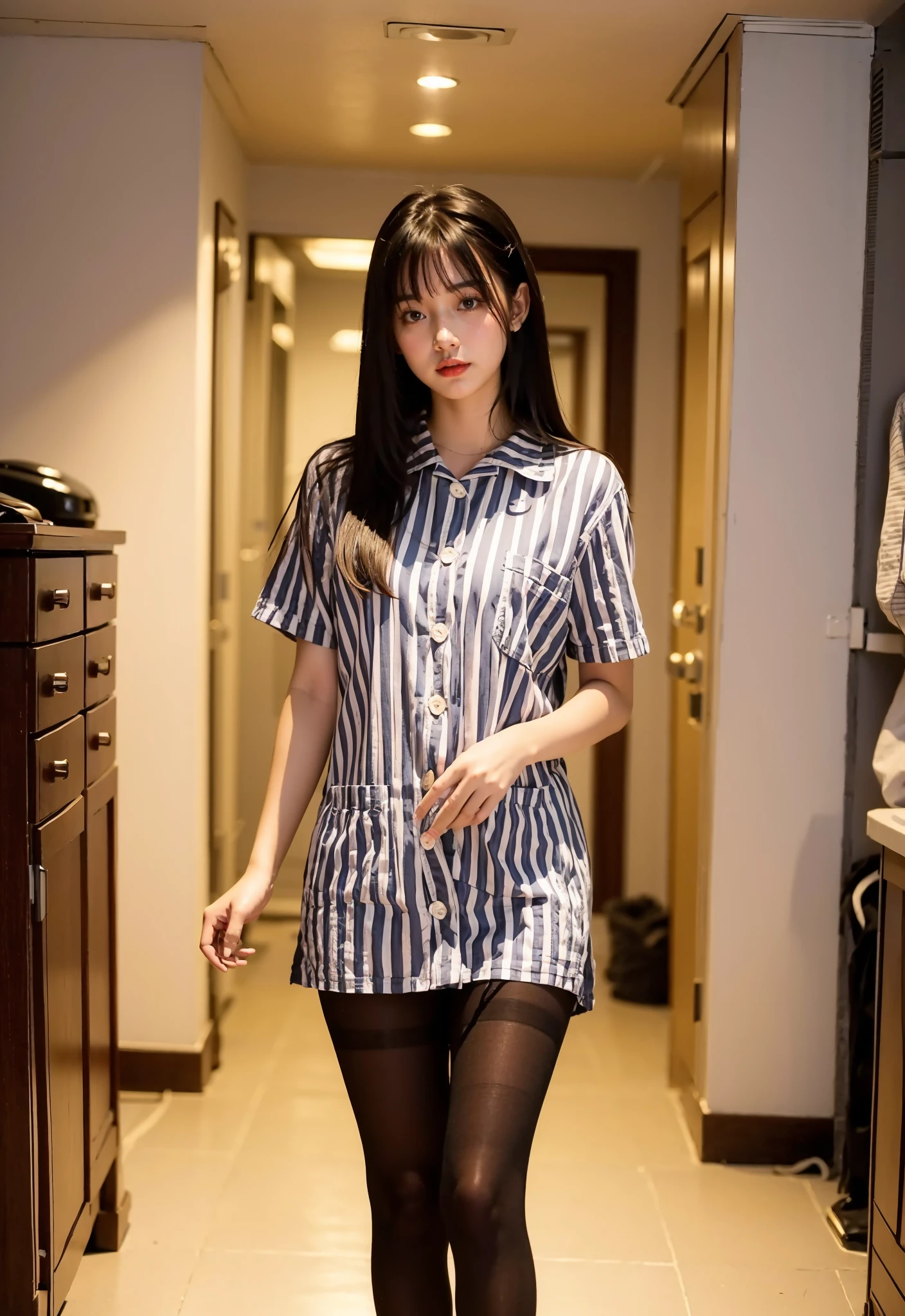 (masterpiece, best quality),high resolution,(1girl),standing,long hair,bangs,hospital,patient bed,cityscape,<lora:gown:0.65>,hospital gown,(blue striped gown),legs,high heels,(black pantyhose:1.2),t-black,short sleeves,shirt,button,mini skirt,