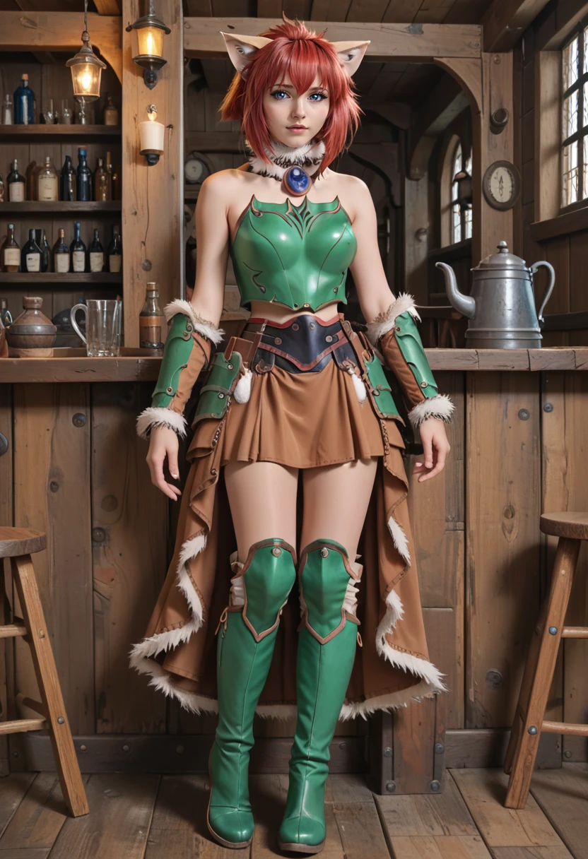 marinbravesoul, 1girl, solo,   standing leans to wooden wall, ( full body shot:1.1), solo, blue eyes, cat ears, cat tail, red hair, brown skirt,    green armor,  bare shoulders, fur chocker,  looking at viewer, brown boots,  indoor, fantasy tavern,     <lora:MarinBraveSoulPonyV3_B1_Warm:0.95>, score_9, score_8_up, score_7_up,