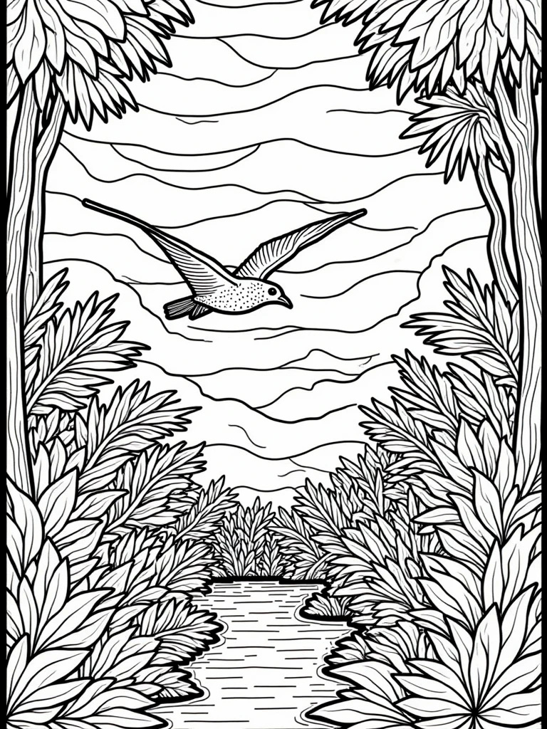 Depicted in stained glass. A bird gliding through the air, surrounded by a lush tropical forest filled with trees and flowers.

line drawing outline for coloring book.

lndrwngCE style