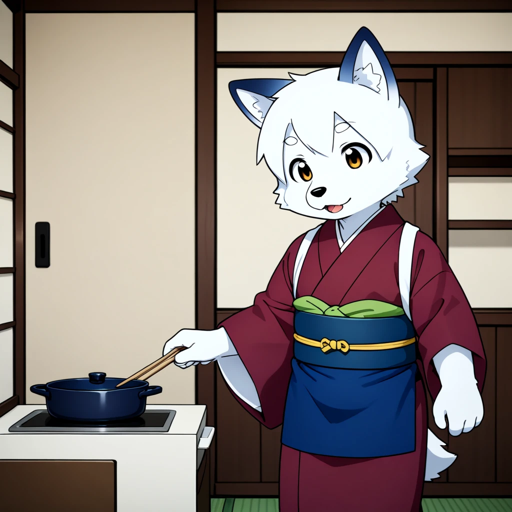 <lora:okamisty_SDXL_v2:0.5>, furry man, solo, animal_ears, sash code, tasuki, white_tasuki, maroon_kimono, indigo blue_apron, indoors, aged_up, anime, dog