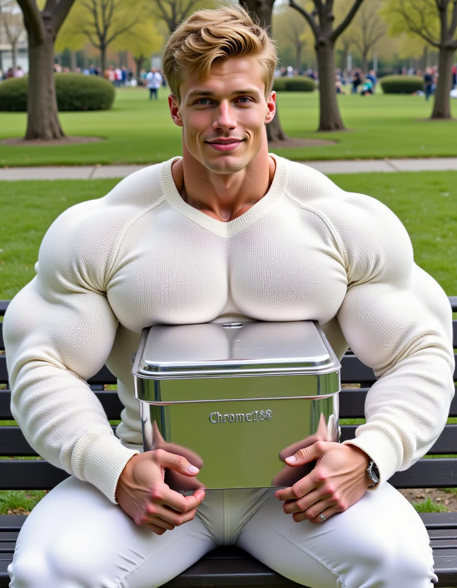 @pcsntp1 a muscular man sitting on a park bench. (He is dressed wearing a white sweater and white pants.  He is hugging a big reflective chrome metal box against his chest)
He has a muscular physique specifically his large top heavy upper body, his extra large chest is exaggerated, excessively large and bulky, covering the top of the box. The box has words "Chrome188" engraved on the side. With smile he is looking at the viewer.
<lora:PecsOnTop.Style.V1.flux1d_epoch_9:0.9>