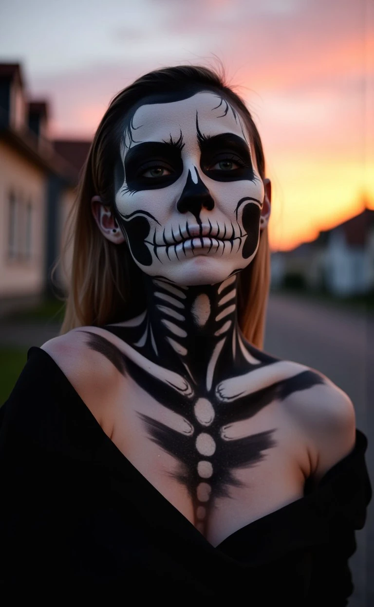 skalchur makeup, closeup woman, dangerous Quiet suburban street and sunset  
<lora:flux_halloween_s08_skeleton_skalchur_makeup:1.0>